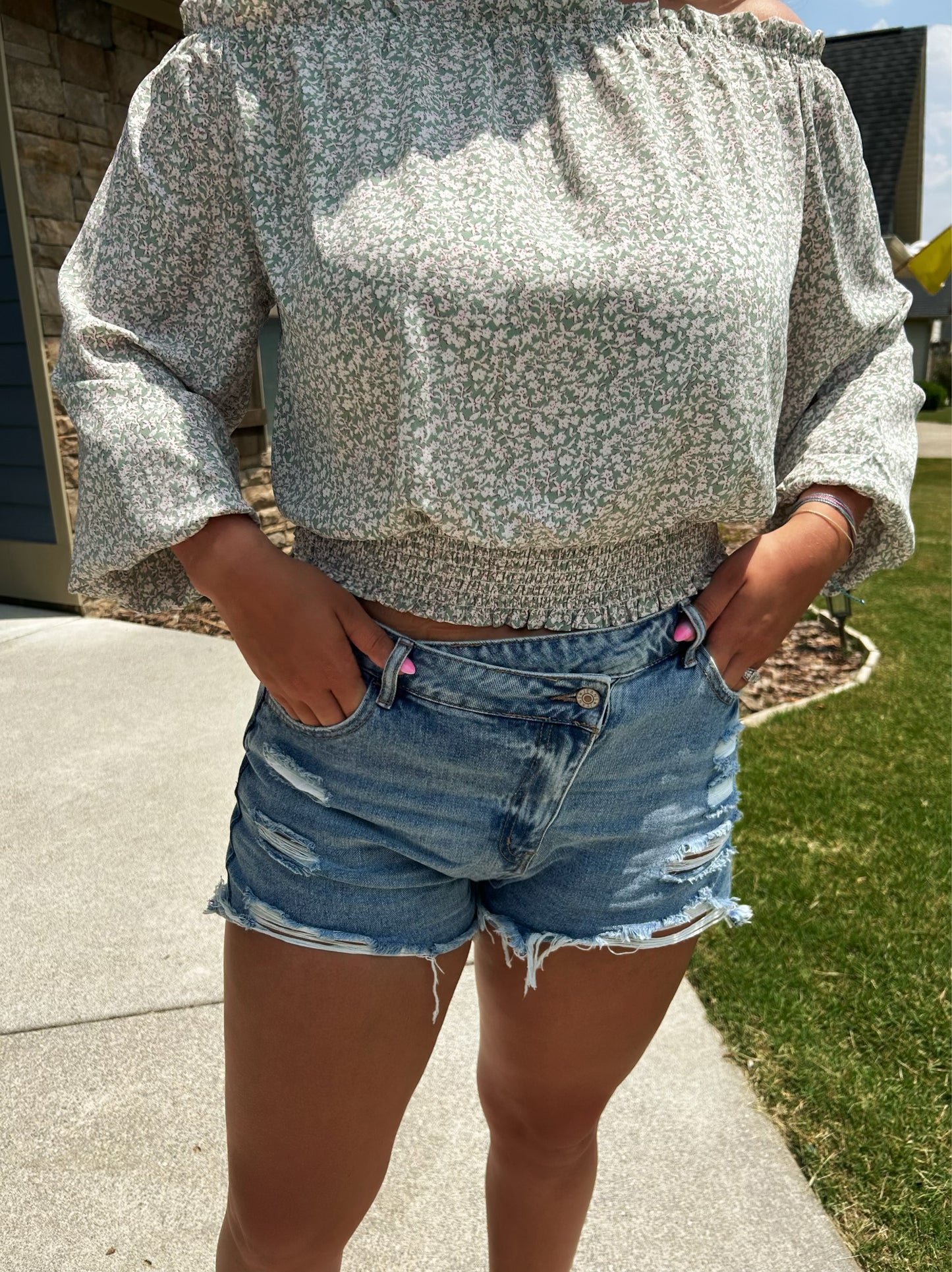 Crossover Waist Denim Shorts